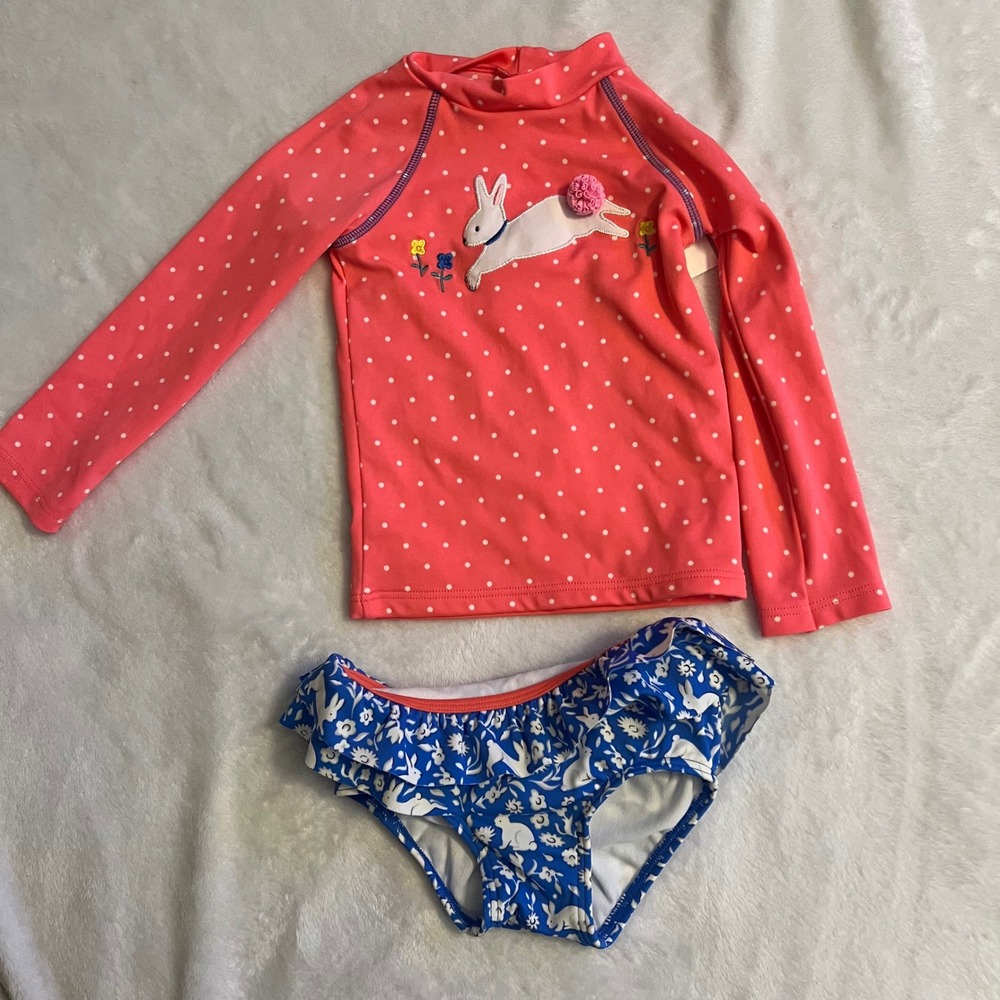 Baby Boden 12-18 months Girls Bunny Polka Dot Rash Guard Swimsuit Set Pink Blue